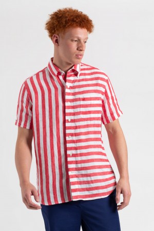 Ben Sherman B by Ben Sherman Candy Stripe Linen Short Sleeve Shirts Pink Red | 497205-FVS