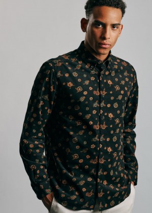 Ben Sherman Retro Floral Print Corduroy Shirts Black | 283905-UMT