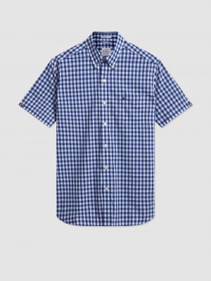 Ben Sherman Short Sleeve House Poplin Gingham Shirts Navy / Olive | 057831-HQL