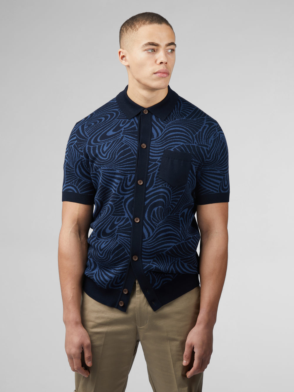 Ben Sherman B by Ben Sherman Swirl Jacquard Button Through Polo Knitwear Navy | 637948-JPR