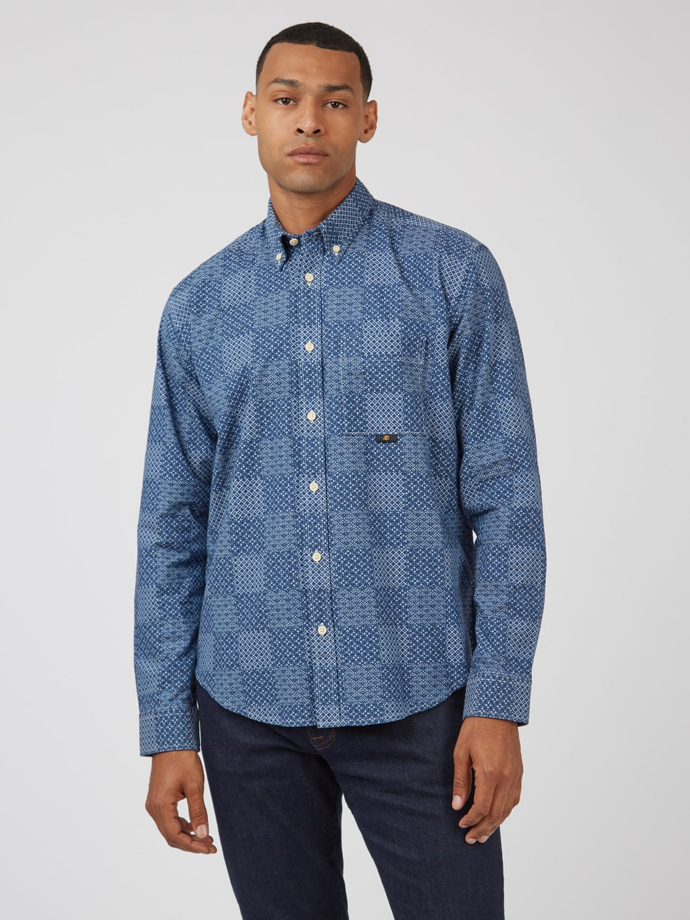 Ben Sherman Chambray Patchwork Geo Print Long-Sleeve Shirts Blue | 019624-XLO