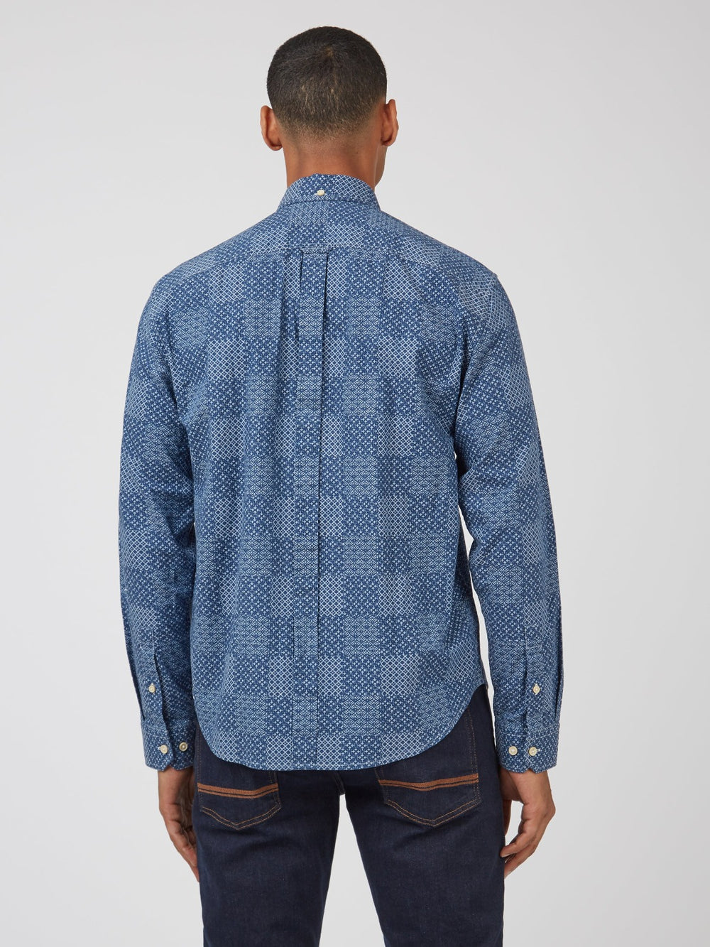 Ben Sherman Chambray Patchwork Geo Print Long-Sleeve Shirts Blue | 019624-XLO