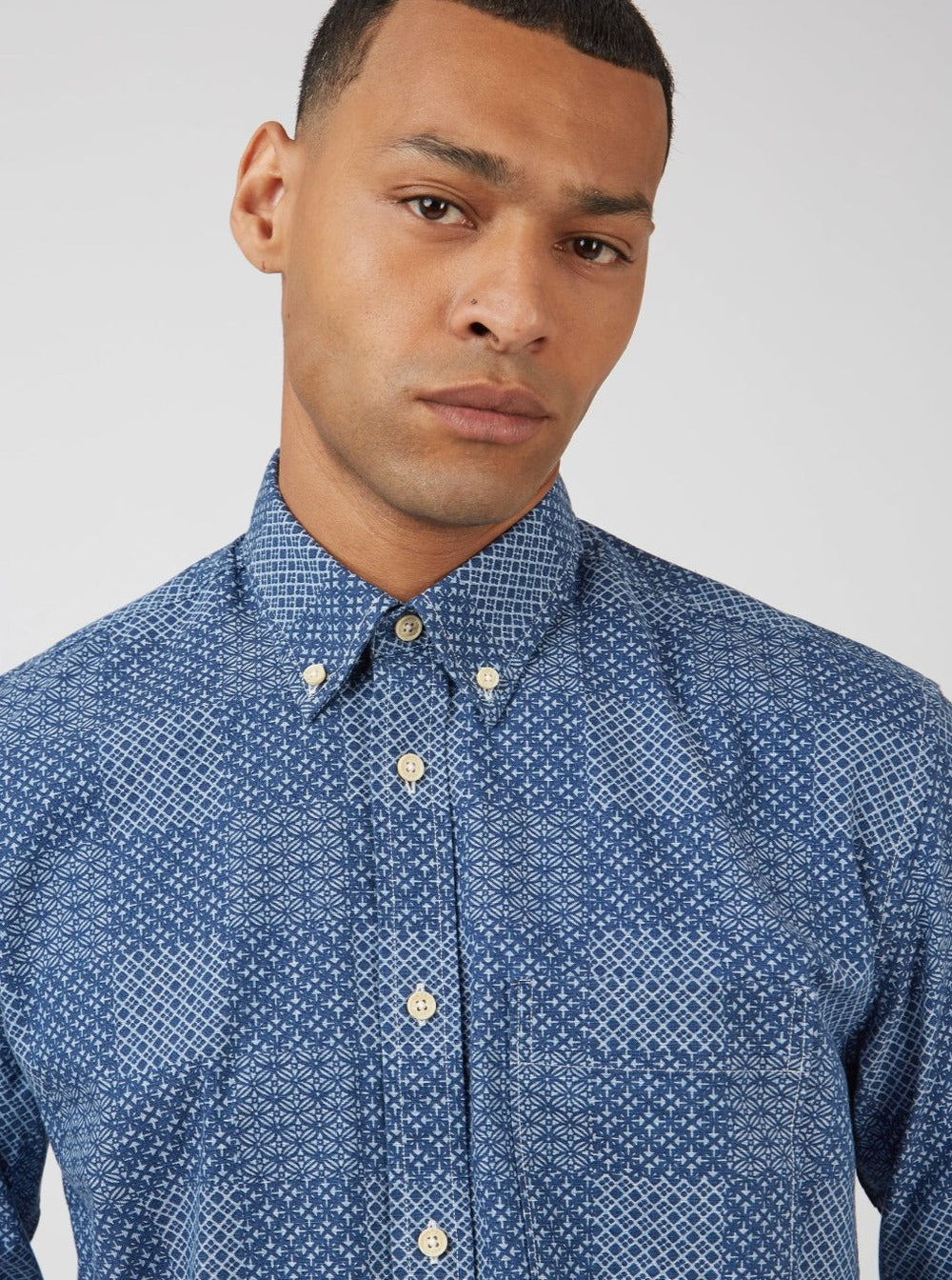 Ben Sherman Chambray Patchwork Geo Print Long-Sleeve Shirts Blue | 019624-XLO