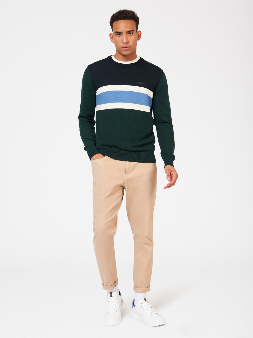 Ben Sherman Chest Stripe Crewneck Knitwear Dark Green | 308426-FSA