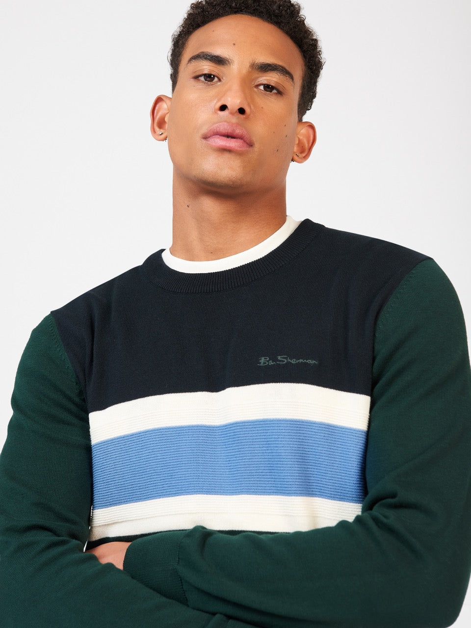 Ben Sherman Chest Stripe Crewneck Knitwear Dark Green | 308426-FSA