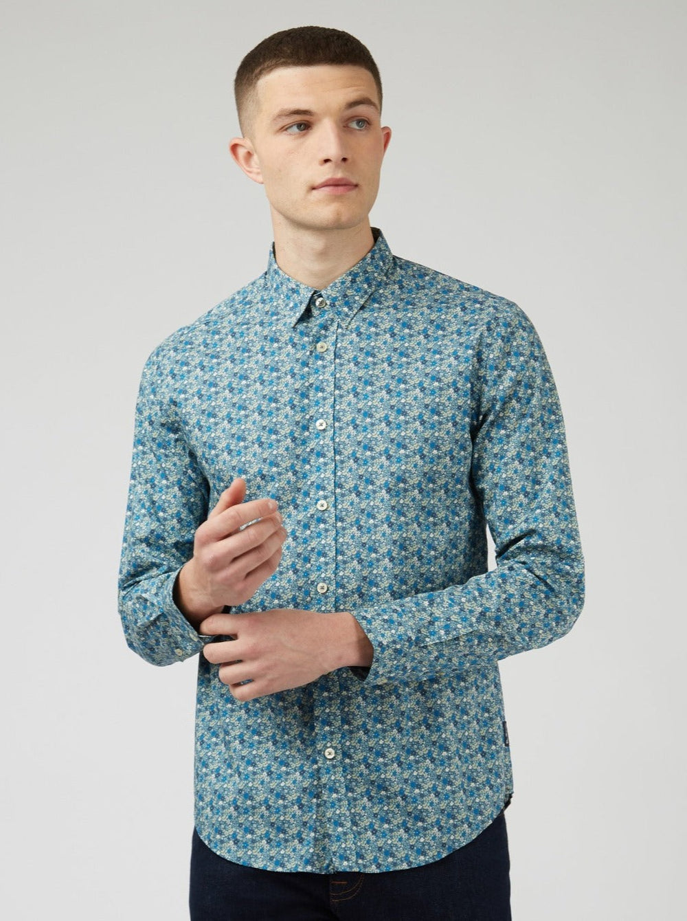 Ben Sherman Floral Print Long-Sleeve Shirts Blue Grey | 395127-XUA