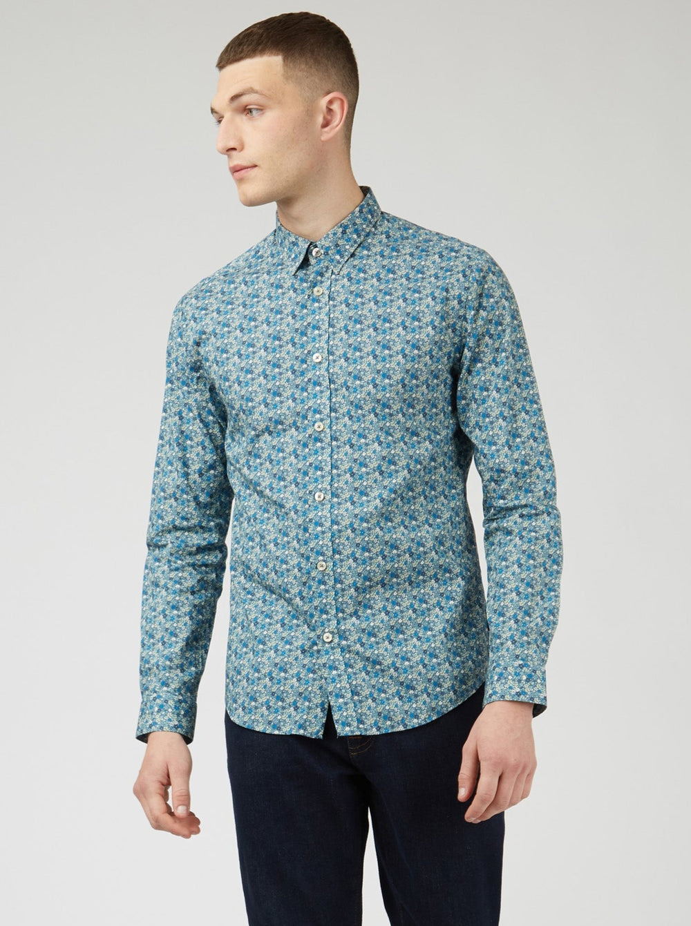 Ben Sherman Floral Print Long-Sleeve Shirts Blue Grey | 395127-XUA