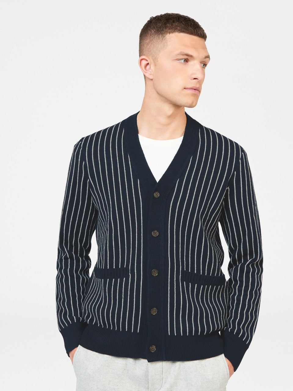 Ben Sherman Jacquard Stripe Cardigan Knitwear Navy | 576810-PMU