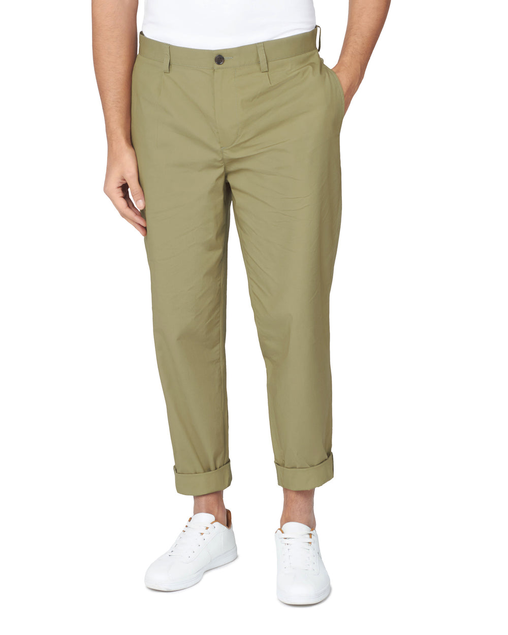 Ben Sherman Poplin Relaxed-Taper Pleated Pants Olive | 691457-BID