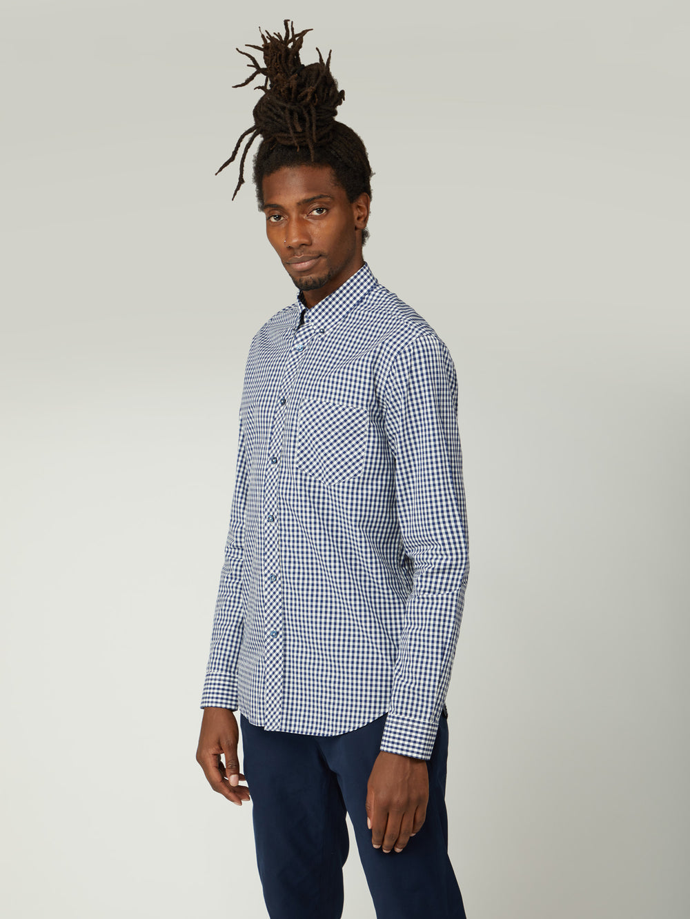 Ben Sherman Signature Long-Sleeve Gingham Shirts Dark Blue | 730956-LGH