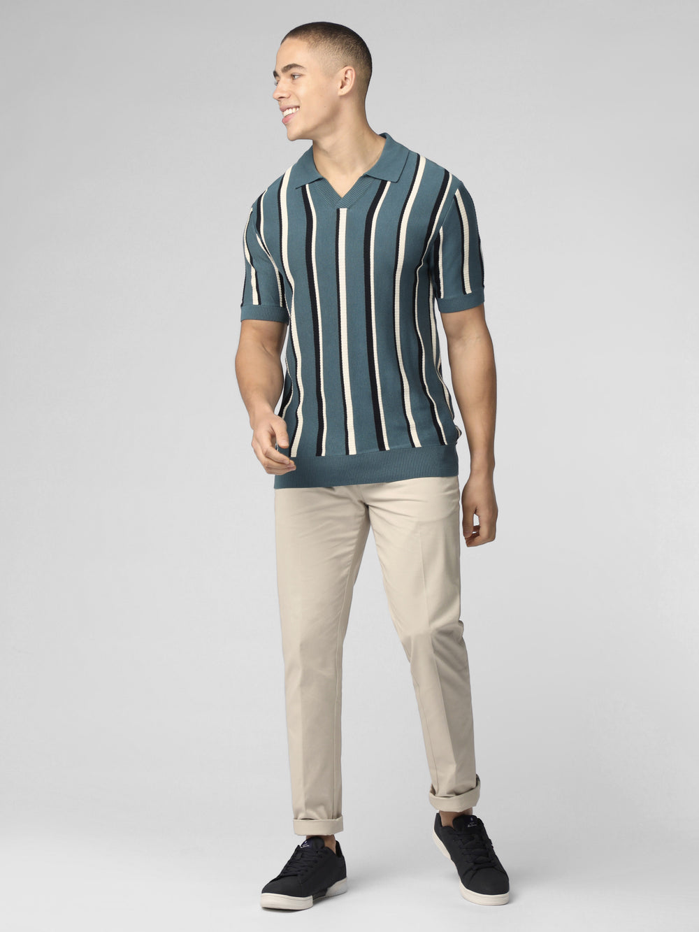 Ben Sherman Signature Vertical Stripe Open Neck Polo Knitwear Turquoise | 723084-GWC